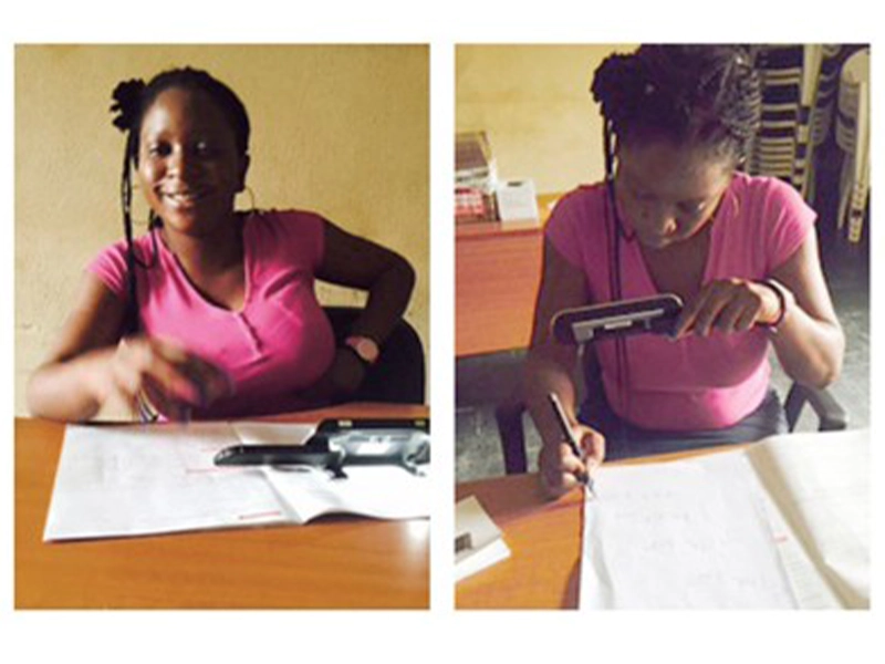 girl in nab using zoomax m5 to read and write