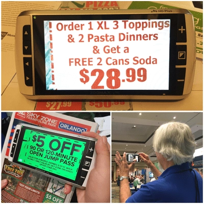 the display effects of handheld video magnifier zoomax m5 hd plus on full color, black on green and distance view