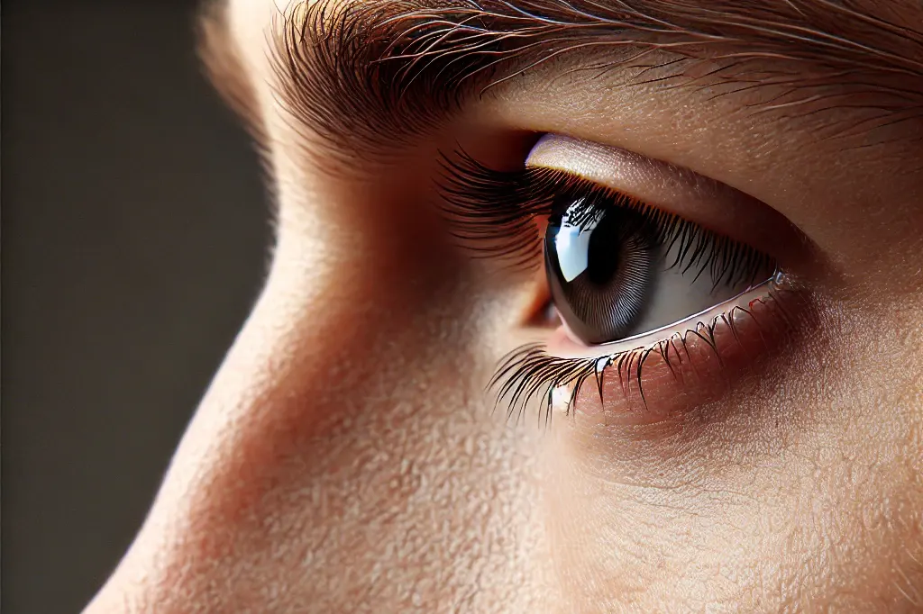 a realistic close up of a man's side profile with the focus on his eye. the image should capture the man's face as if the camera is very close to him