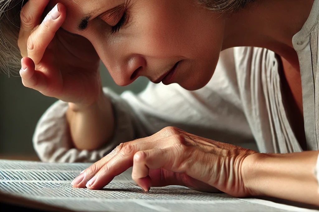 a calm middle aged woman with her head extremely close to a newspaper, almost touching it, showing signs of intense effort and focus as she reads.