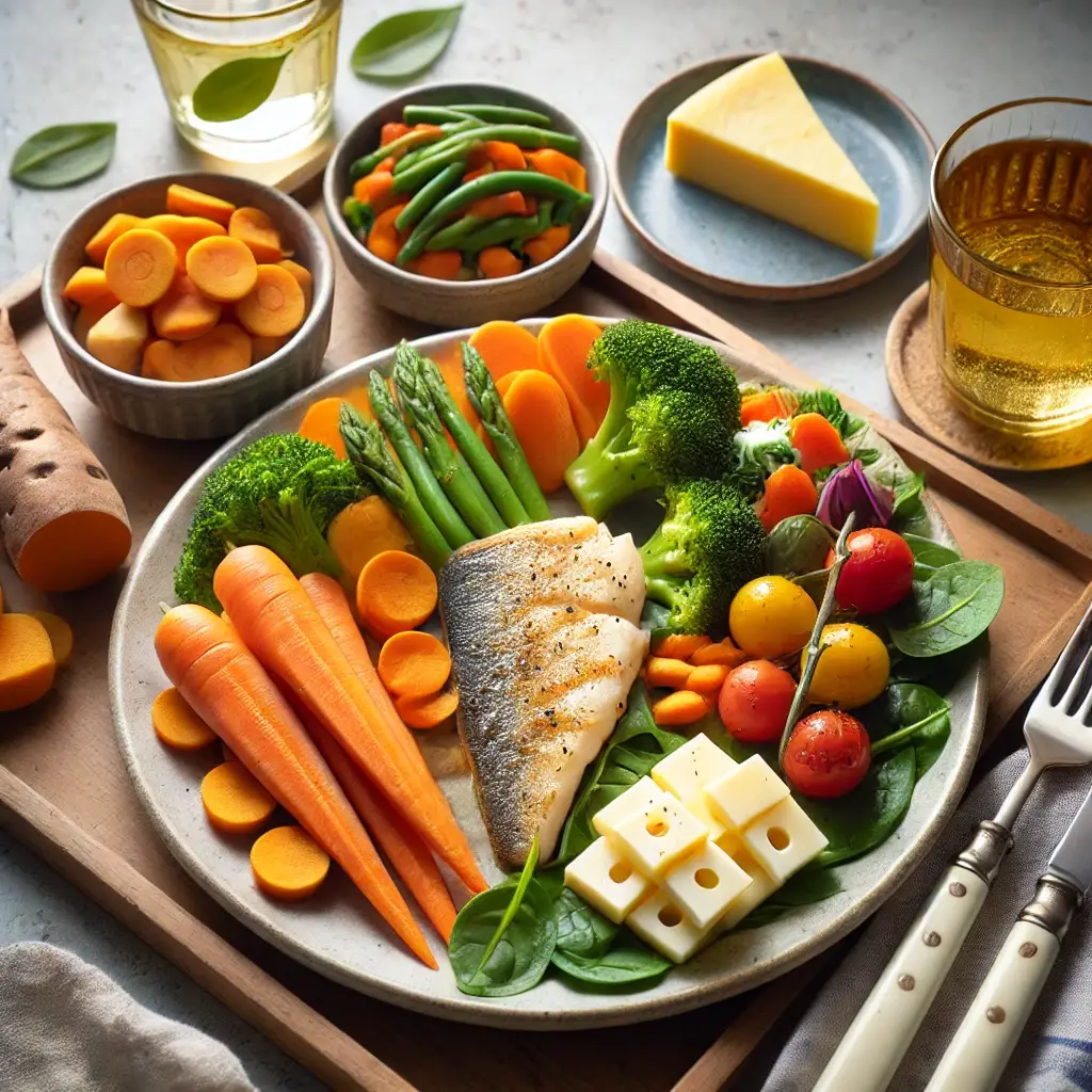 a delicious lunch featuring a variety of healthy foods including carrots, assorted vegetables, sweet potatoes, a fish fillet, and cheese.