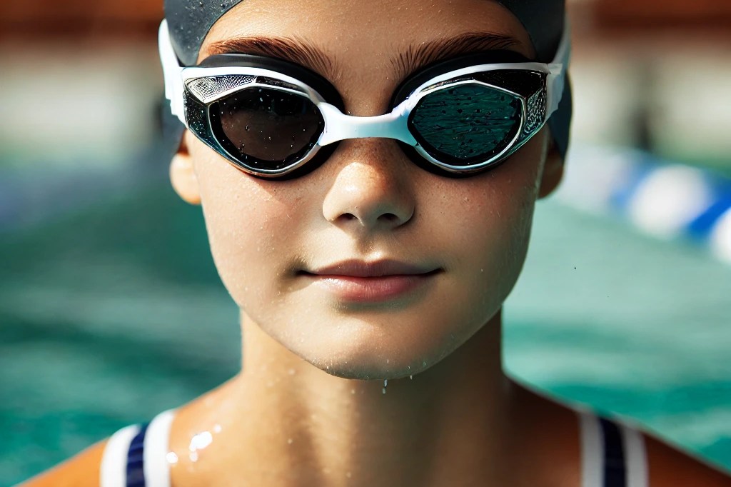 a fourteen year old girl with low vision swimming in a pool, wearing a swim cap and performing breaststroke. she looks natural