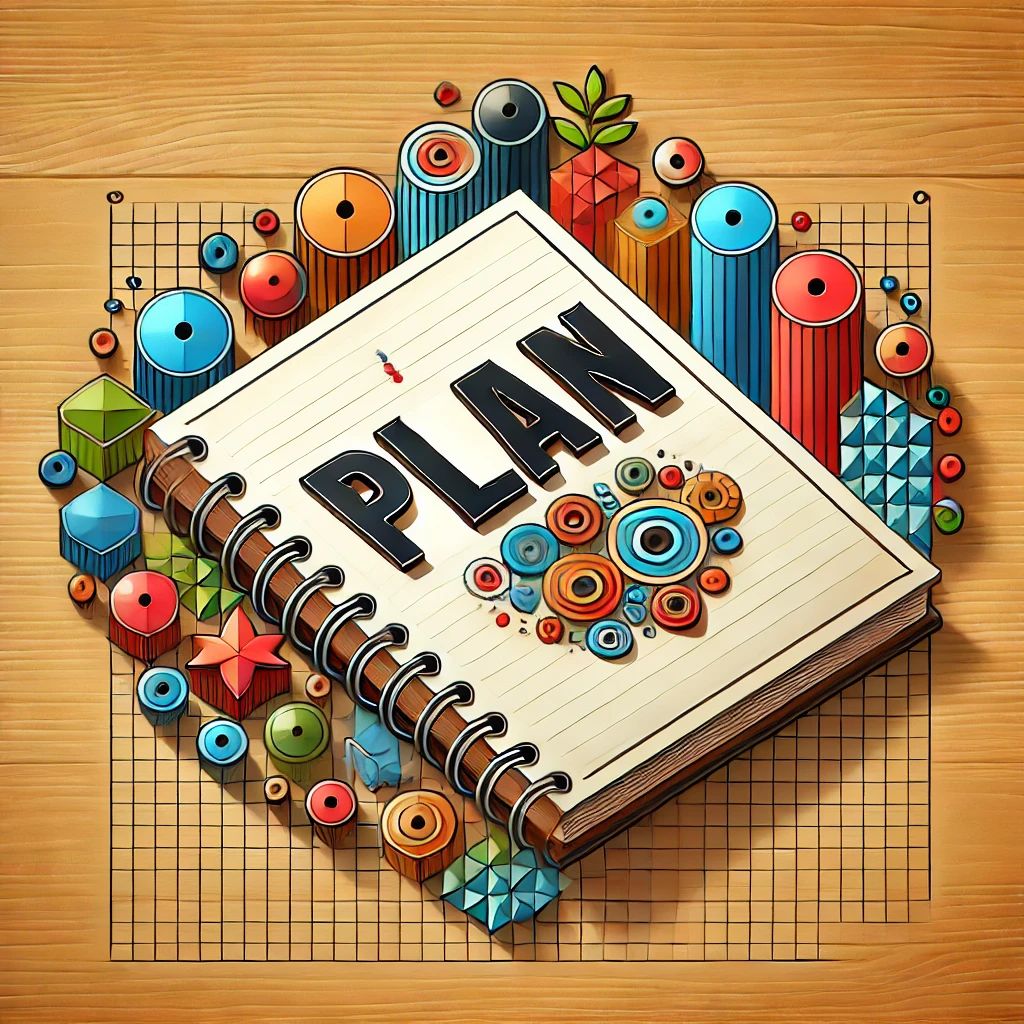 a high resolution and clear illustration of a notebook with the text 'plan' written clearly on it, surrounded by colorful geometric shapes. the notebo