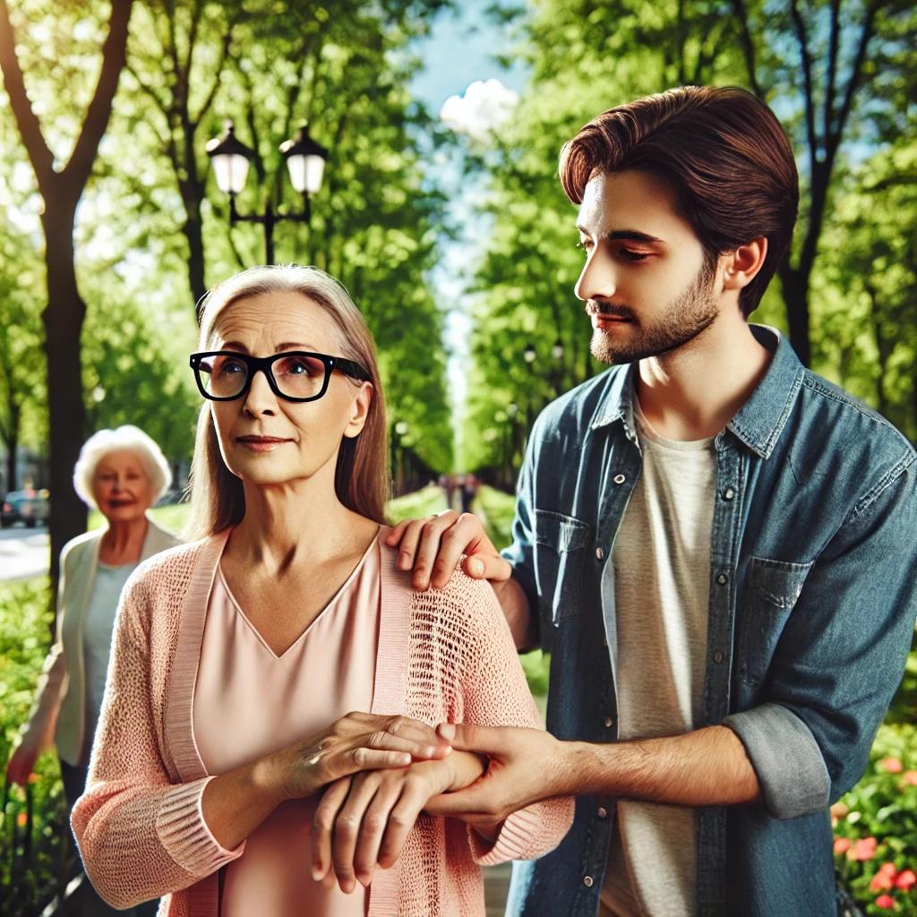 a man assisting a woman with an eye problem while they are walking outside. the man is gently holding the woman's arm, guiding her along a tree lined