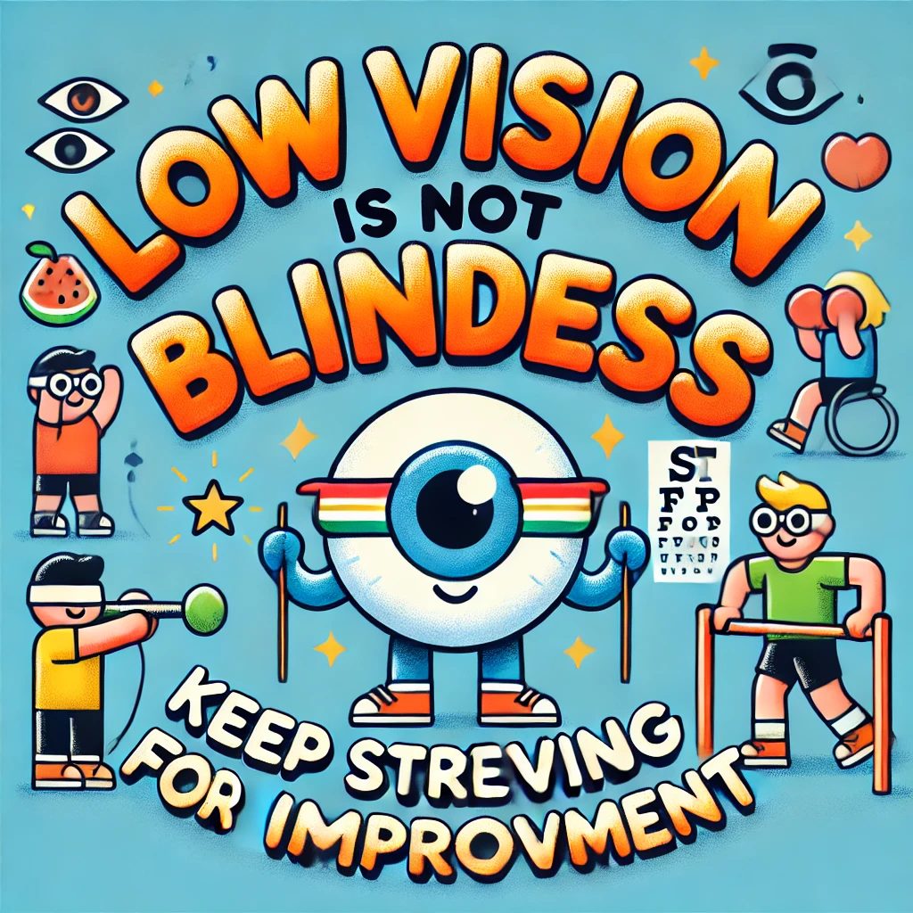 a motivational illustration with the message 'low vision is not blindness, keep striving for improvement