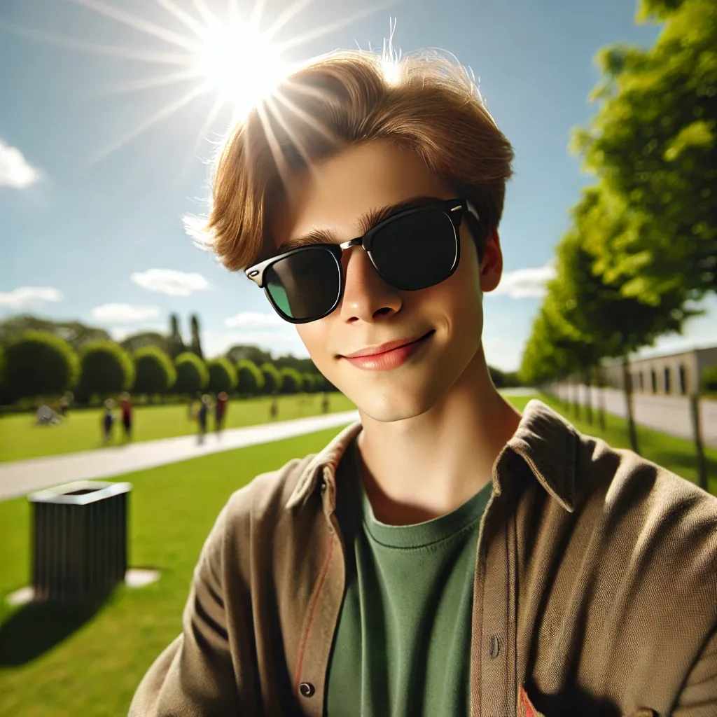 a person wearing sunglasses in bright sunlight. the person is standing outside on a sunny day, with the sun shining brightly in a clear blue sky.