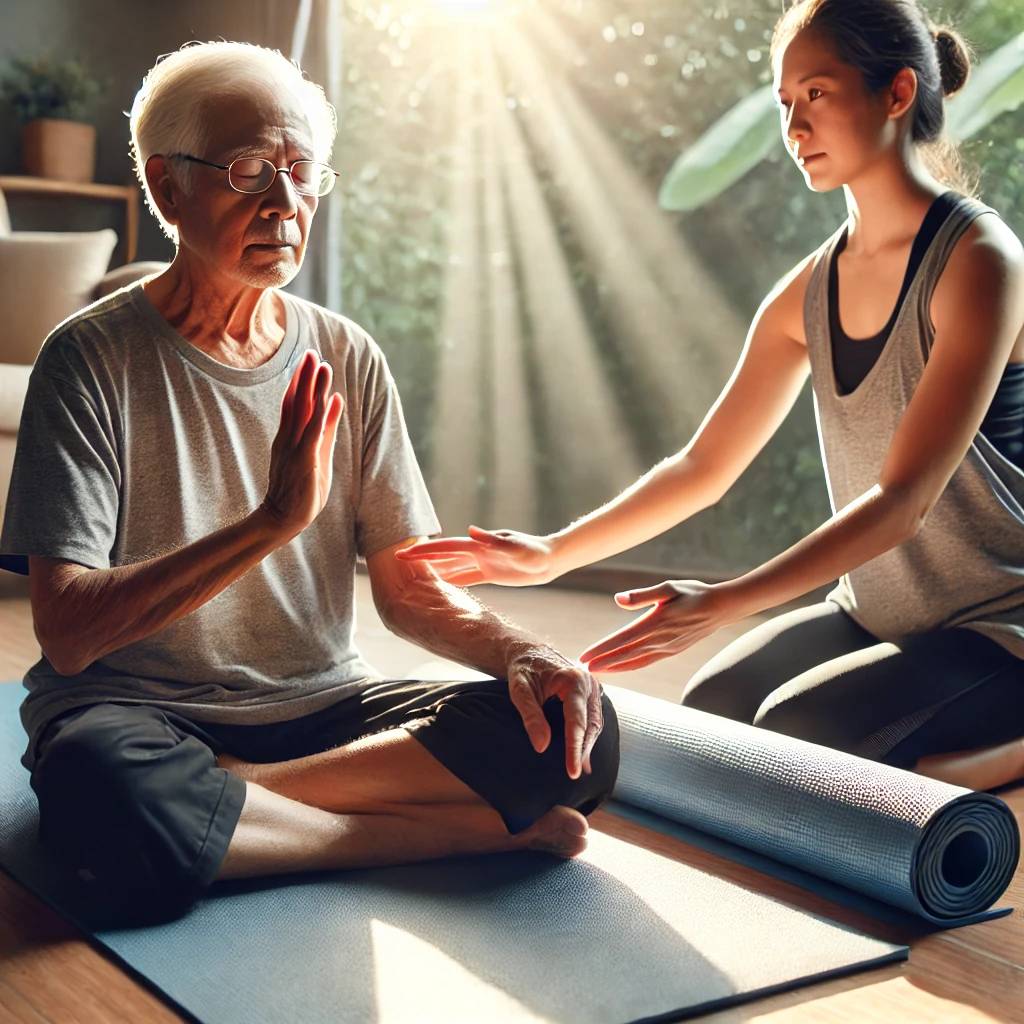 a person with low vision practicing yoga in a serene environment, using a yoga mat and guided by an instructor. the setting is calm with natural light