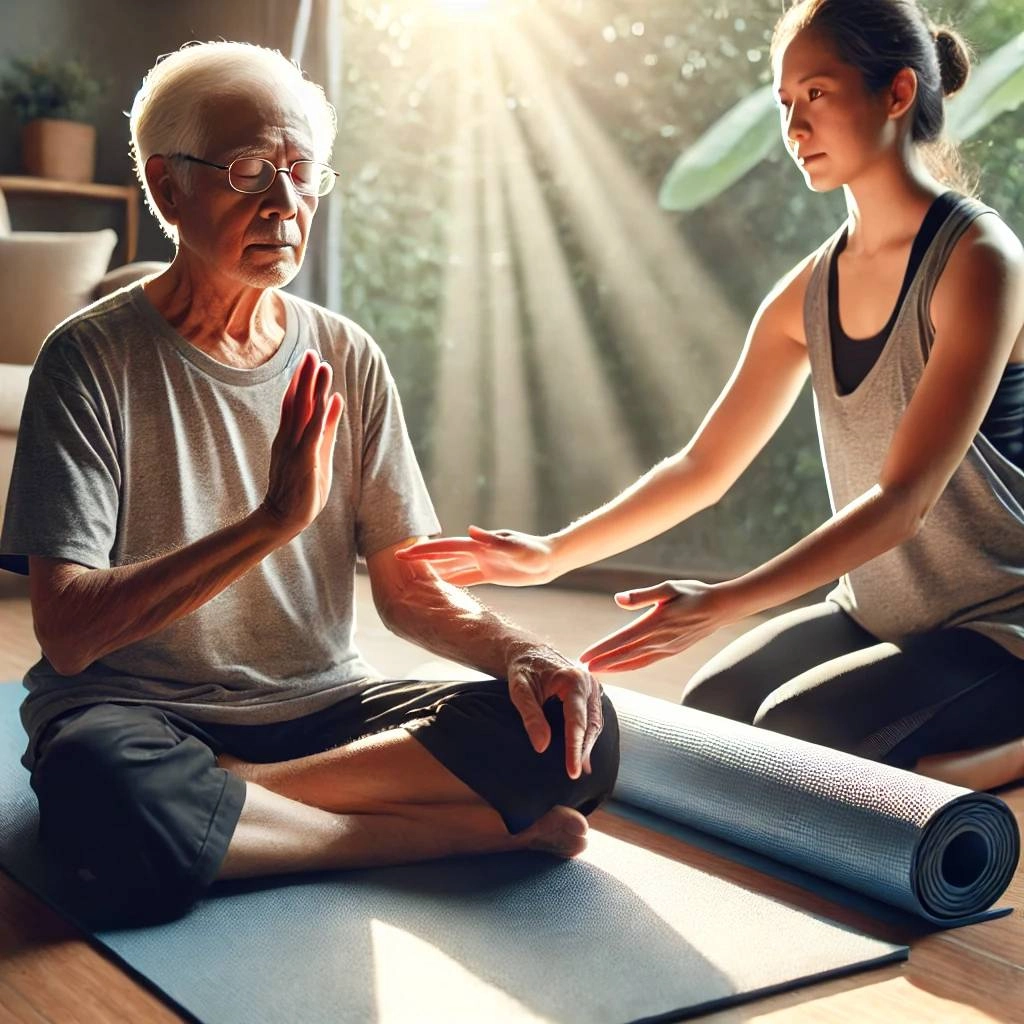 a person with low vision practicing yoga in a serene environment using a yoga mat and guided by an instructor. the setting is calm with natural light