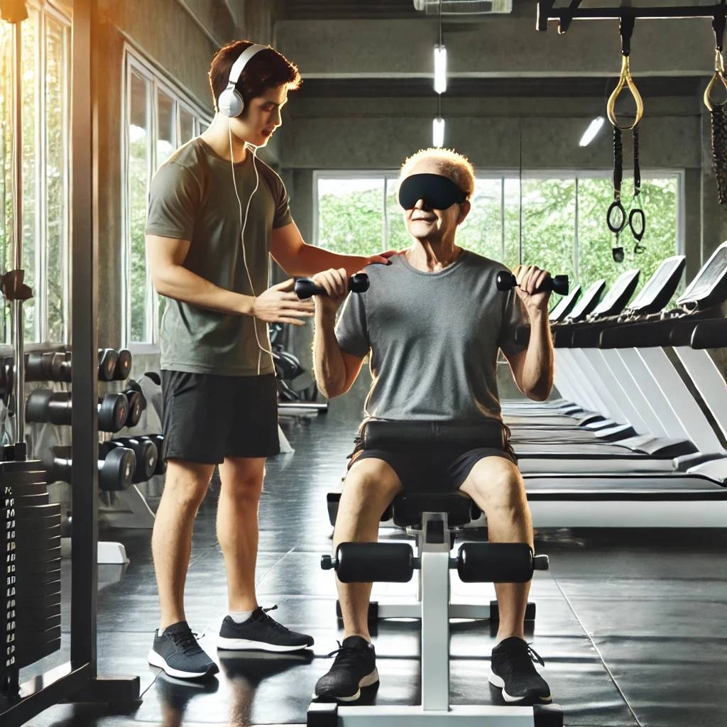a person with low vision working out in a gym with a personal trainer using weight machines and other fitness equipment. the gym is well equipped an