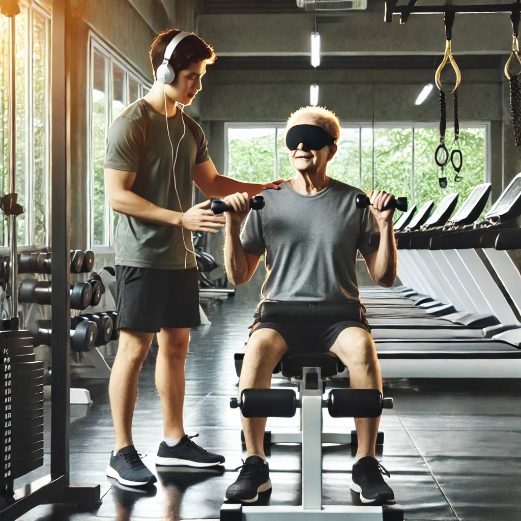 a person with low vision working out in a gym with a personal trainer, using weight machines and other fitness equipment. the gym is well equipped and