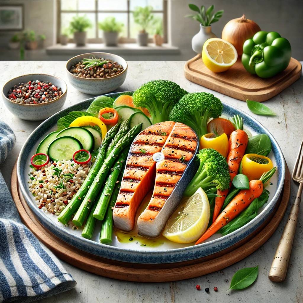 a realistic illustration of a healthy meal on a plate. the meal includes grilled salmon with visible grill marks, a variety of fresh vegetables