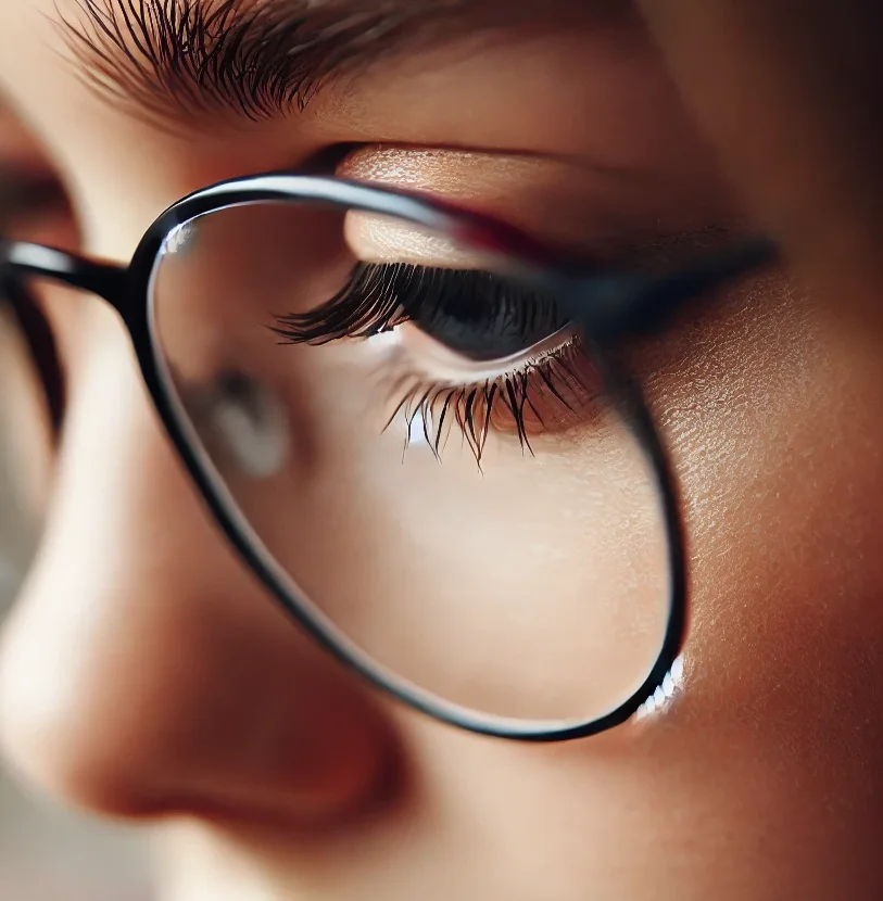 a very close up detailed image of a young woman in her twenties, wearing glasses. the focus is specifically on the eye area from a side profile