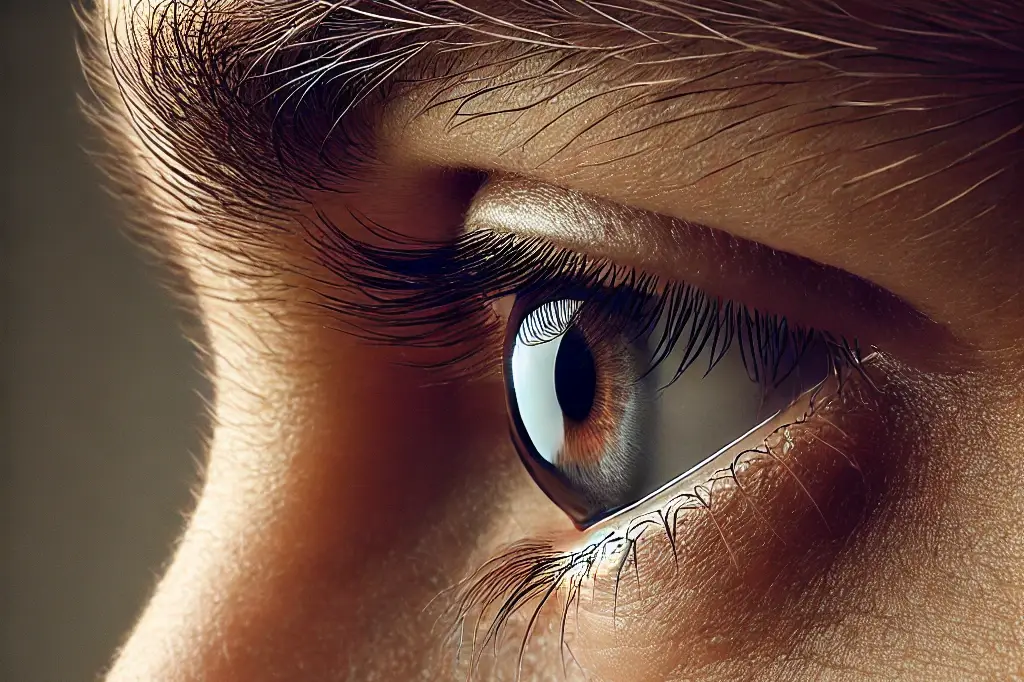 a very close up side profile of a man's face, with a focus on the eye area from a slightly outward angle. the image should show intricate detail