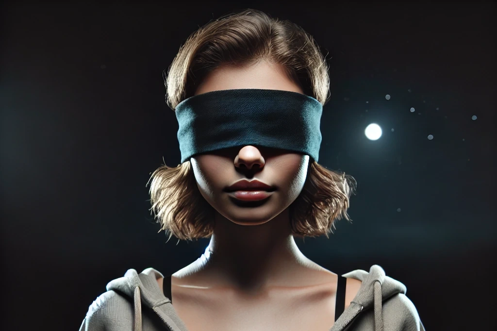 a young woman standing in a dark night, with a blindfold completely covering both of her eyes. the woman looks calm and slightly mysterious