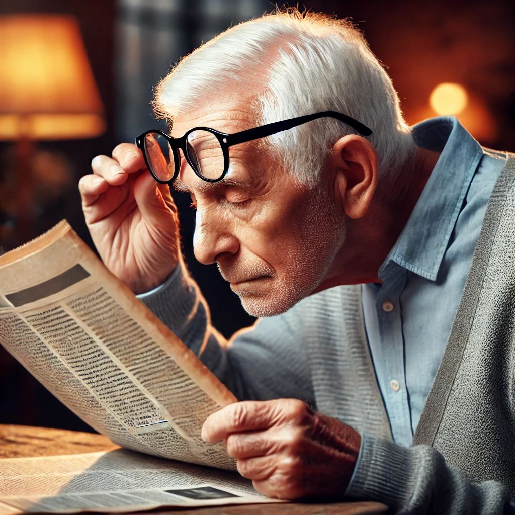 an elderly person with low vision, having only one tenth the normal vision, wearing glasses, with head down, is intently reading a newspaper extremely