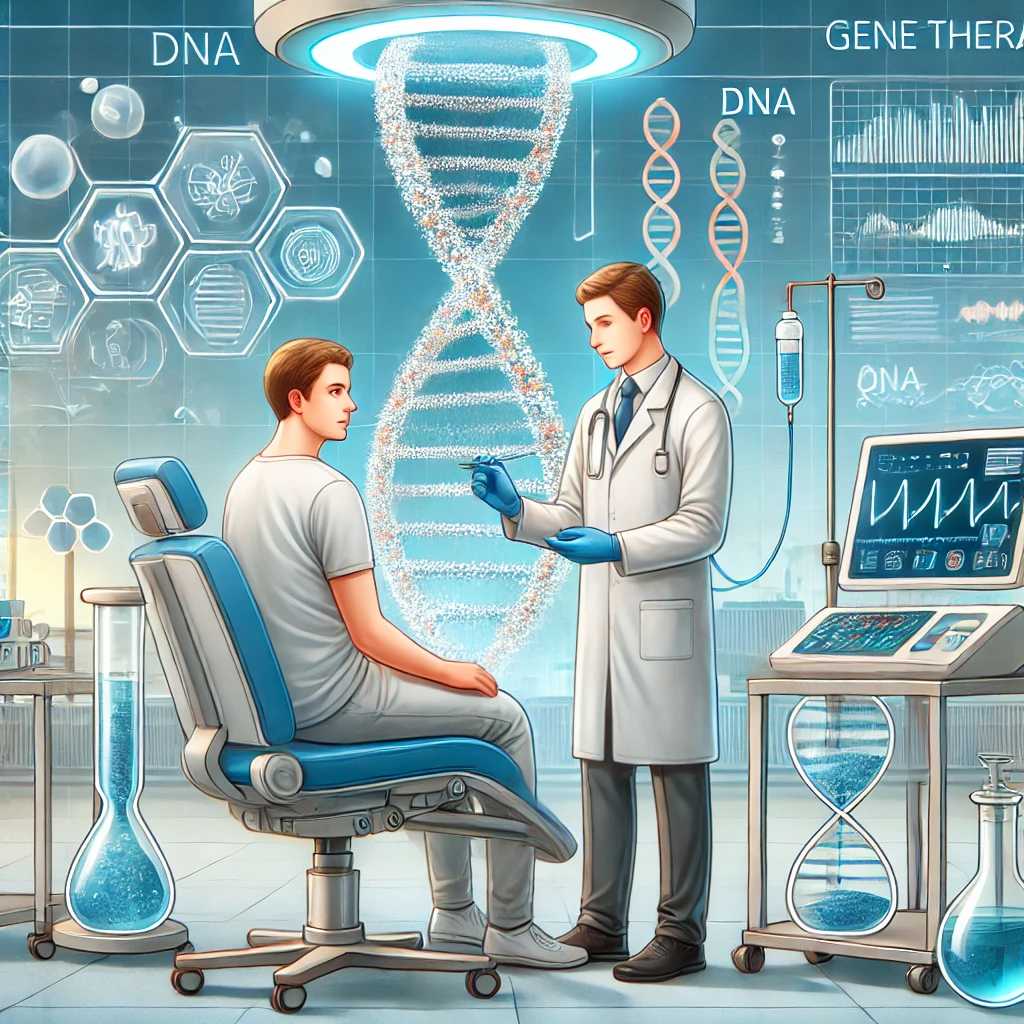 an illustration depicting gene therapy. a medical professional is administering treatment to a patient using advanced technology.