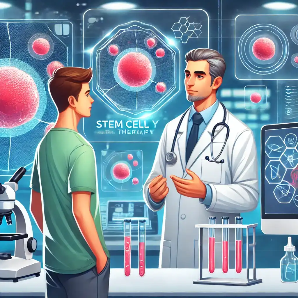 an illustration depicting stem cell therapy. a medical professional is talking to a patient, explaining the treatment.