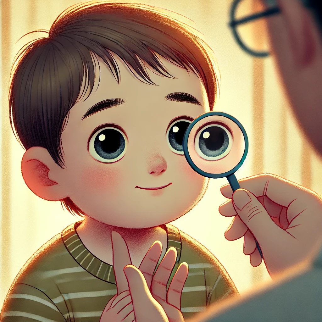 an illustration of a child with low vision, trying to see clearly with wide open eyes and a calm expression.