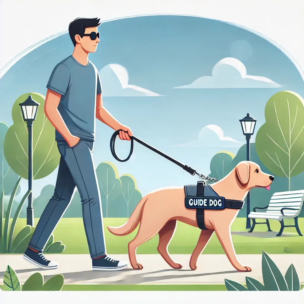 an illustration of a guide dog walking with a low vision patient. the scene takes place outdoors, on a sunny day with a clear path.