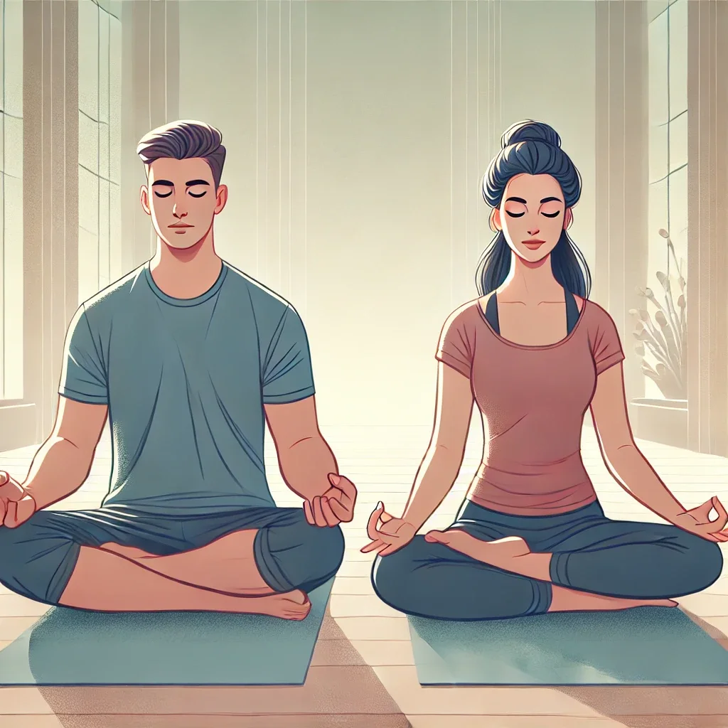 an illustration of a man and a woman practicing yoga meditation. both are seated in a cross legged position, with their eyes closed and hands resting