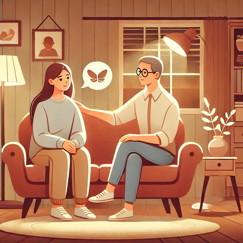 an illustration of a person attentively listening to a low vision patient sharing their feelings at home. the scene takes place in a cozy living room