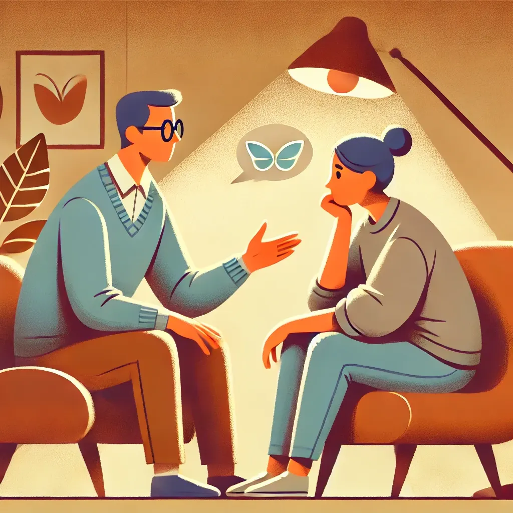 an illustration of a person attentively listening to a low vision patient sharing their feelings. the scene takes place in a comfortable