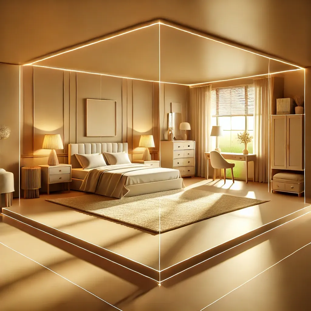 an illustration of a warm and spacious bedroom designed to reduce obstacles, viewed from a 45 degree angle like in a showroom.