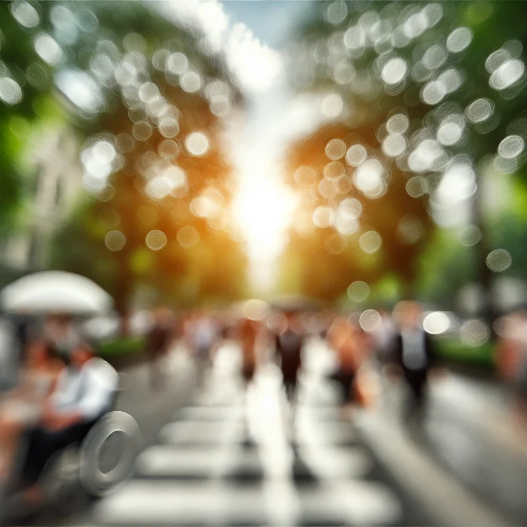 an image depicting blurred vision. the scene should be an outdoor setting such as a park or a street, but the details are indistinct and fuzzy
