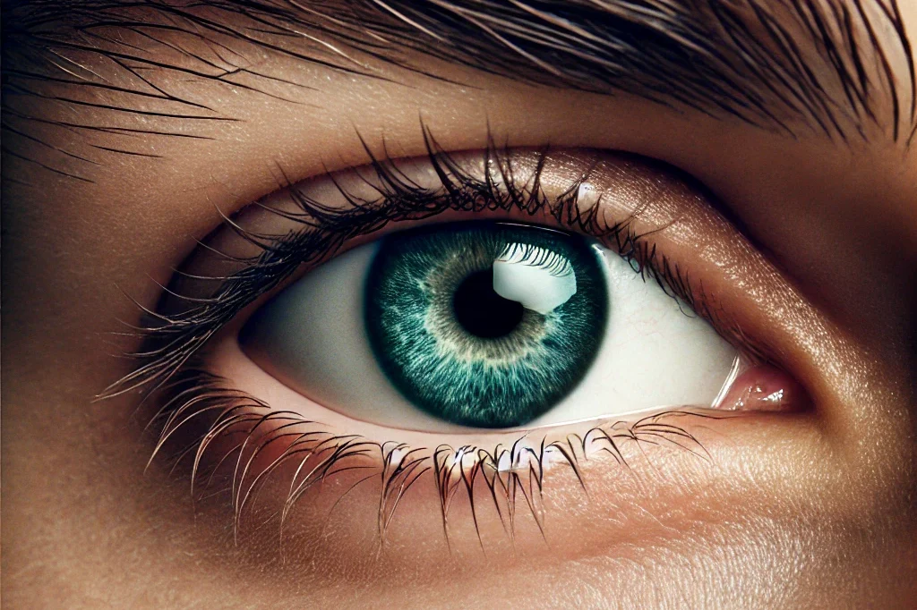 a close up image of a natural looking male eye, from a slightly further distance, showing more of the surrounding facial features