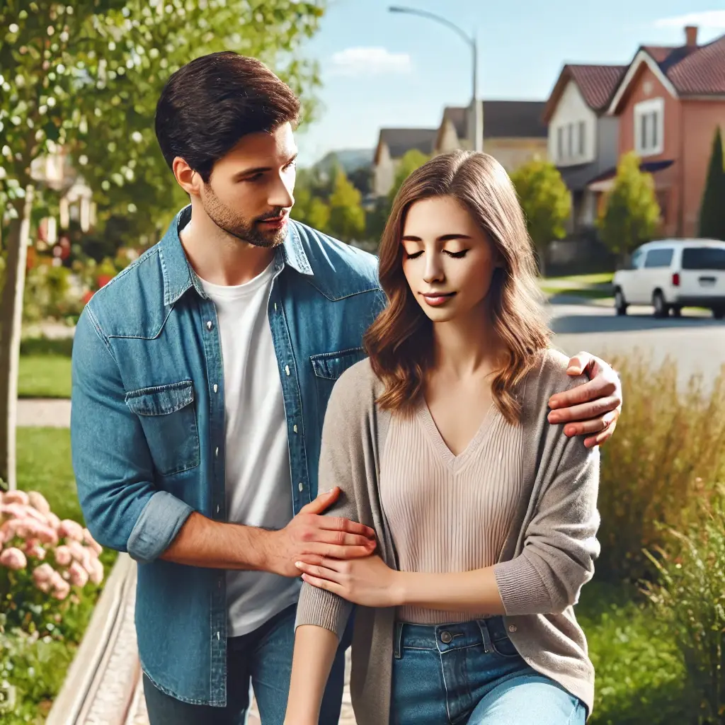 a man assisting a woman with an eye problem while walking outside. the man is gently holding the woman's arm, guiding her along a sidewalk.