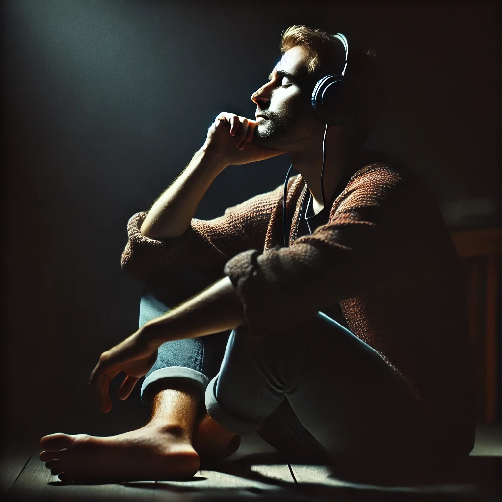 a person sitting calmly in complete darkness, wearing headphones and listening to music. the individual appears serene and content