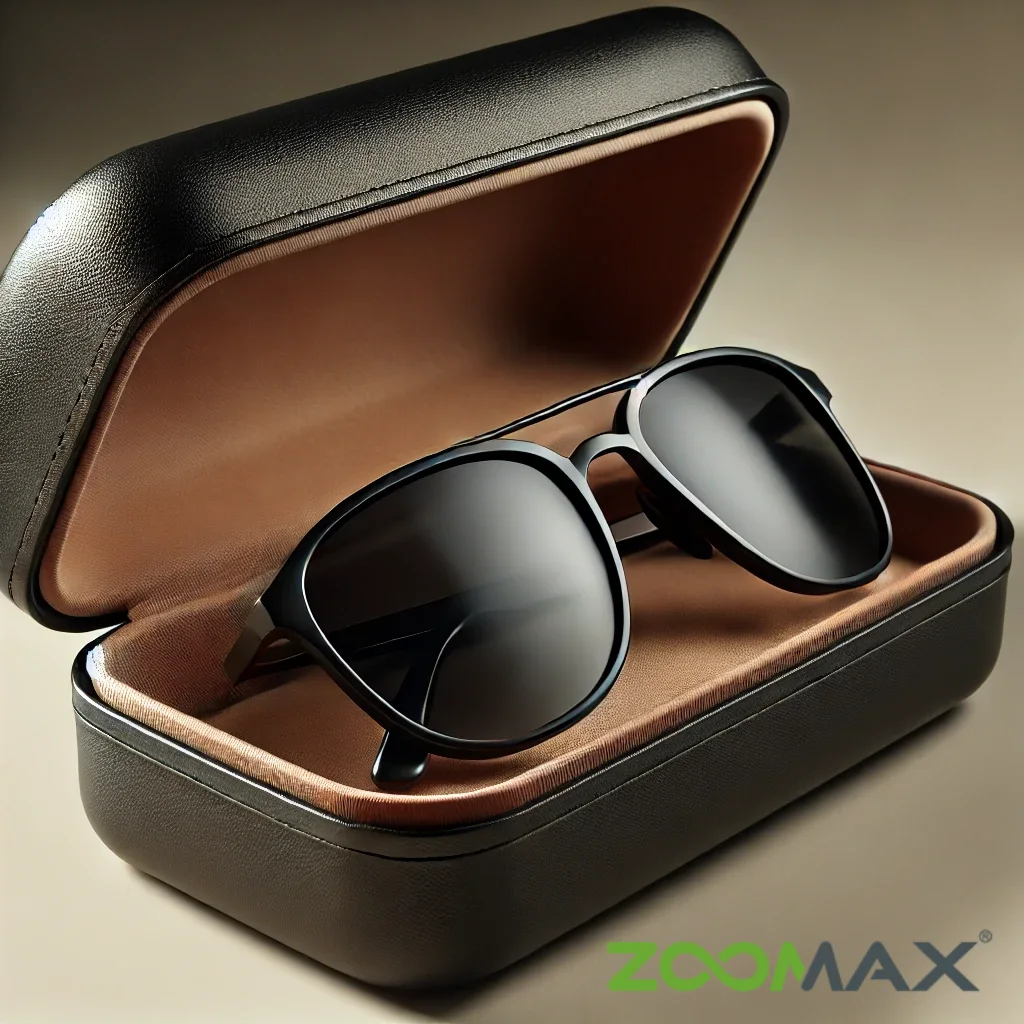 a realistic image of a luxury pair of sunglasses placed inside an elegant sunglasses case. the sunglasses have a sleek and stylish design with a premi