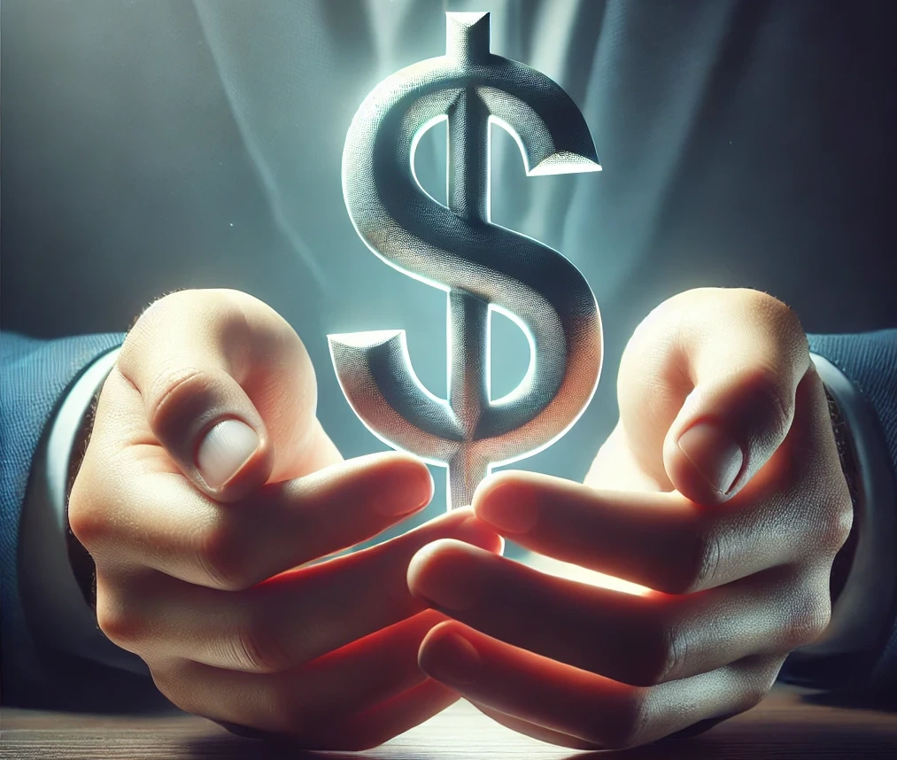 a realistic image of a pair of hands carefully holding and protecting a dollar symbol ($), symbolizing financial protection.