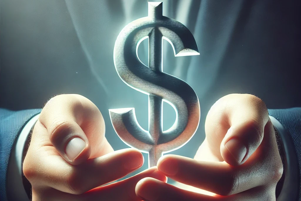 a realistic image of a pair of hands carefully holding and protecting a dollar symbol ($), symbolizing financial protection. the hands are gently crad