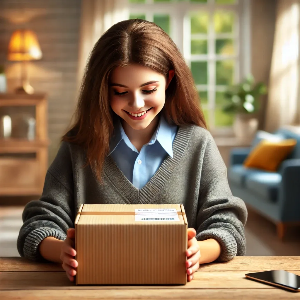 a realistic scene showing a student sitting at a table, receiving a delivery box. the student looks very happy and surprised