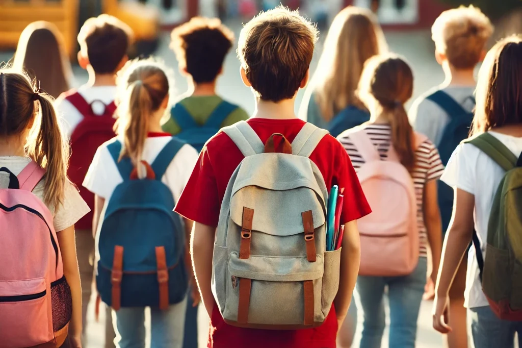 a rear view of a group of children walking towards school, each carrying a backpack. the children are from diverse backgrounds