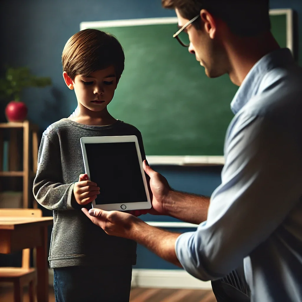 a scene showing a child in a classroom, standing with a neutral expression, being handed an ipad by a helpful adult. both the child and the adult are