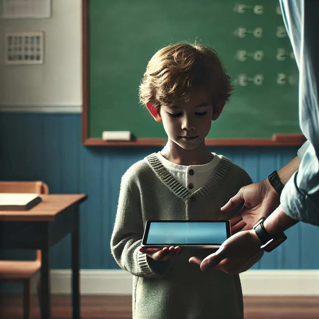 a scene showing a child in a classroom, standing with a neutral expression, being handed an ipad by a helpful adult.