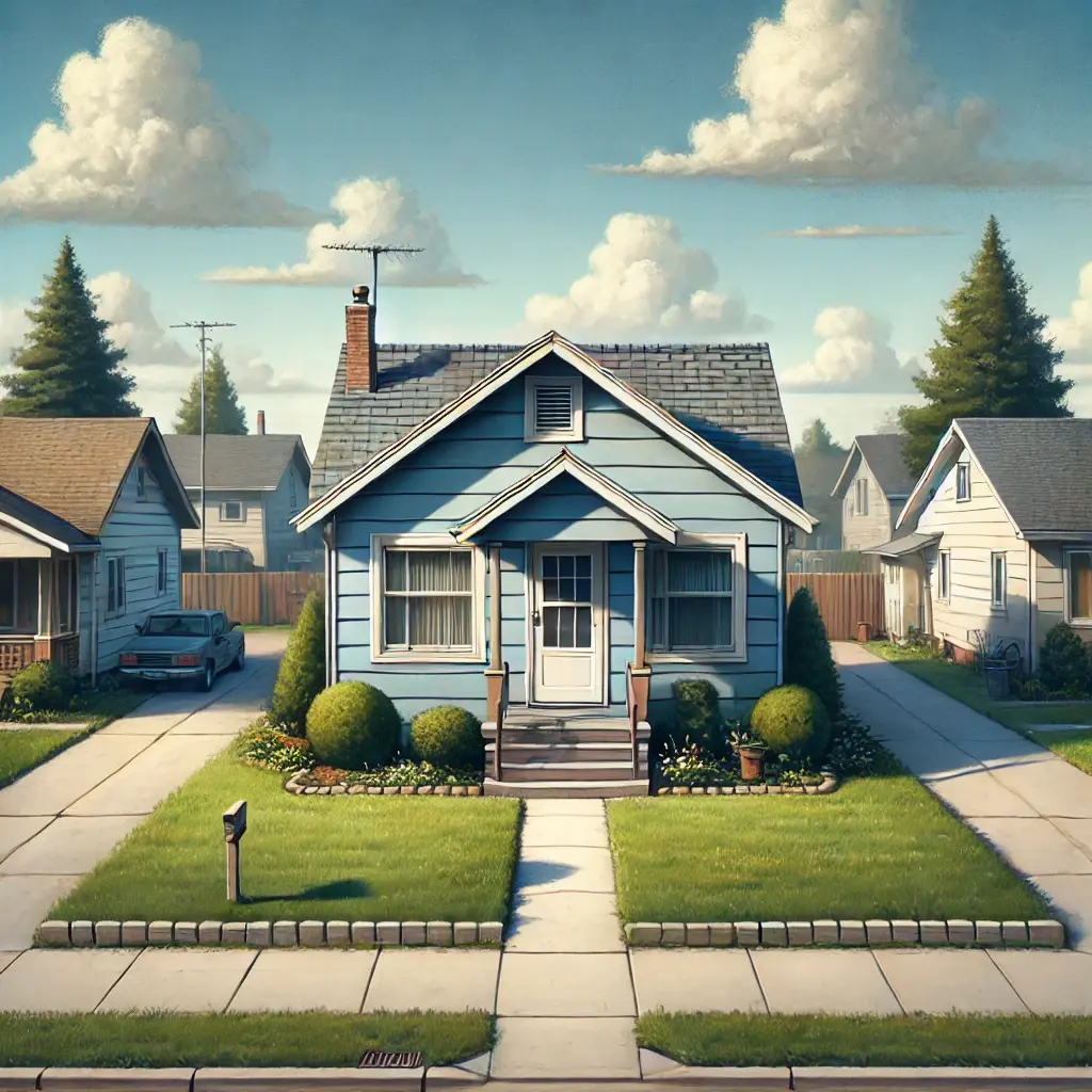 a typical american family house viewed from a distance during the daytime. the house is modest in size with a simple, cozy design.