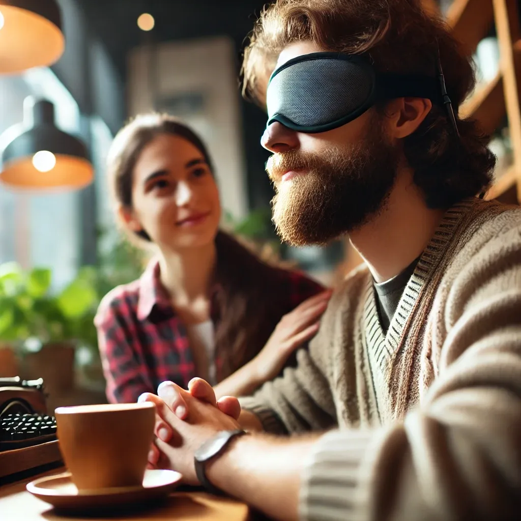 a visually impaired person engaging in a deep conversation with a friend. the setting is a cozy coffee shop, and the focus is on their attentive liste