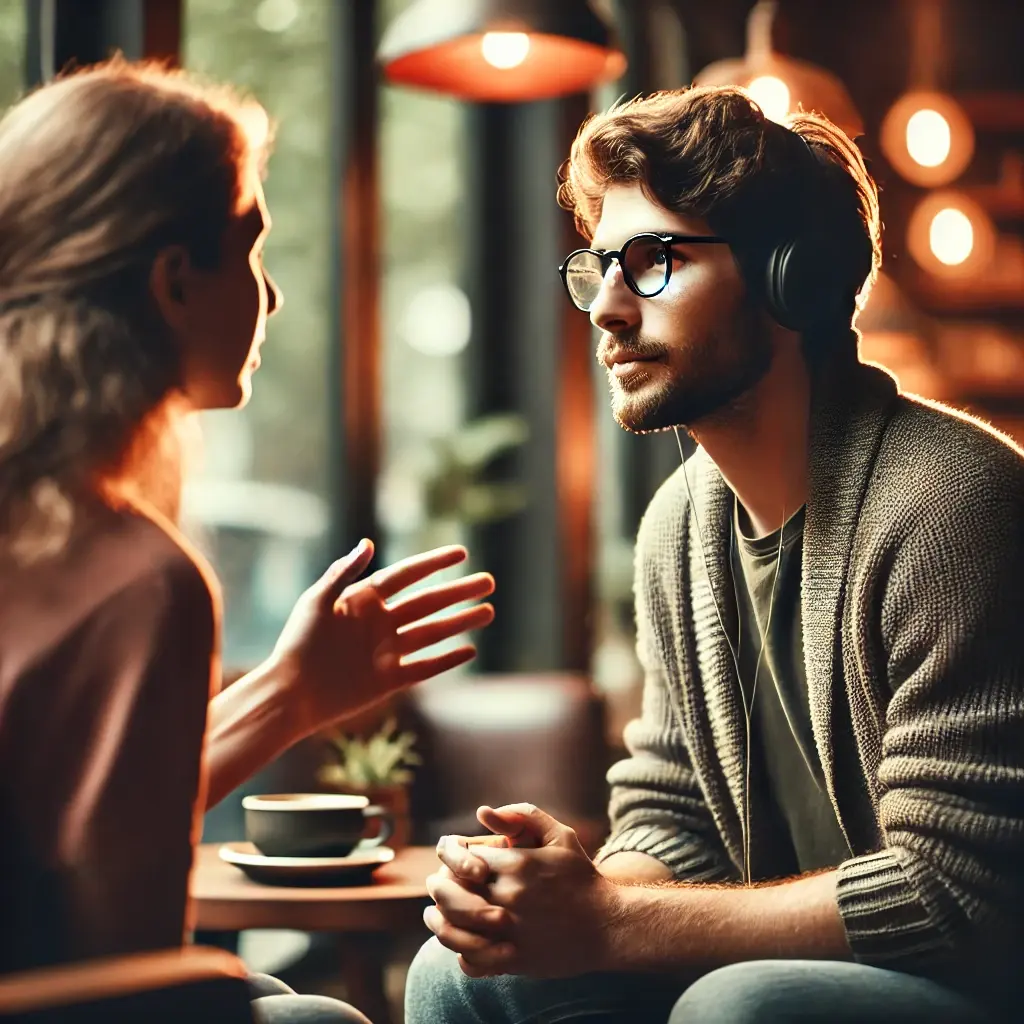 a visually impaired person engaging in a deep conversation with a friend. the setting is a cozy coffee shop