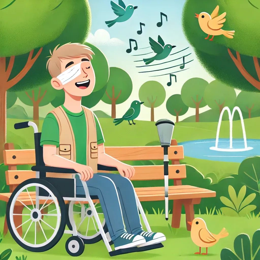 a visually impaired person enjoying the simple pleasures of life, such as listening to birds singing in a park. the scene shows a peaceful park