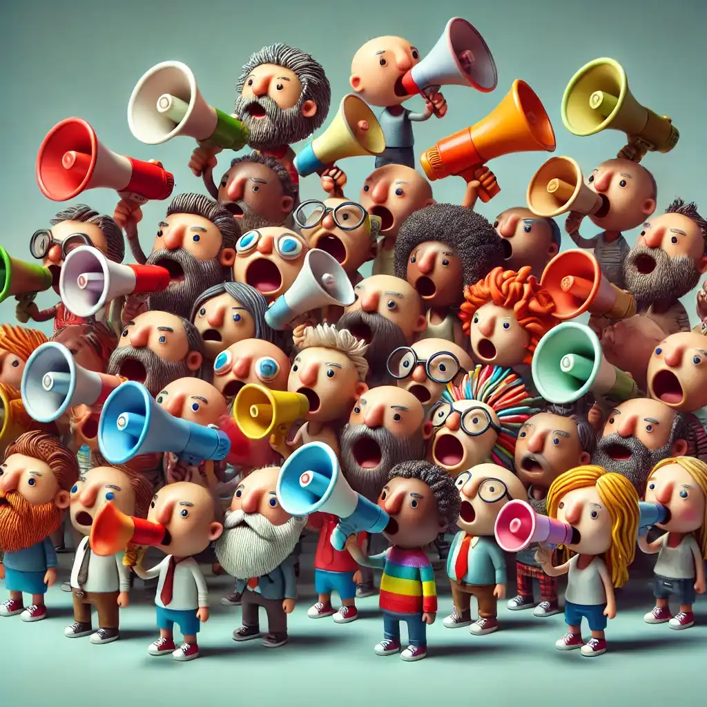 a whimsical and artistic image featuring a collection of small cartoonish human heads each holding a megaphone and shouting