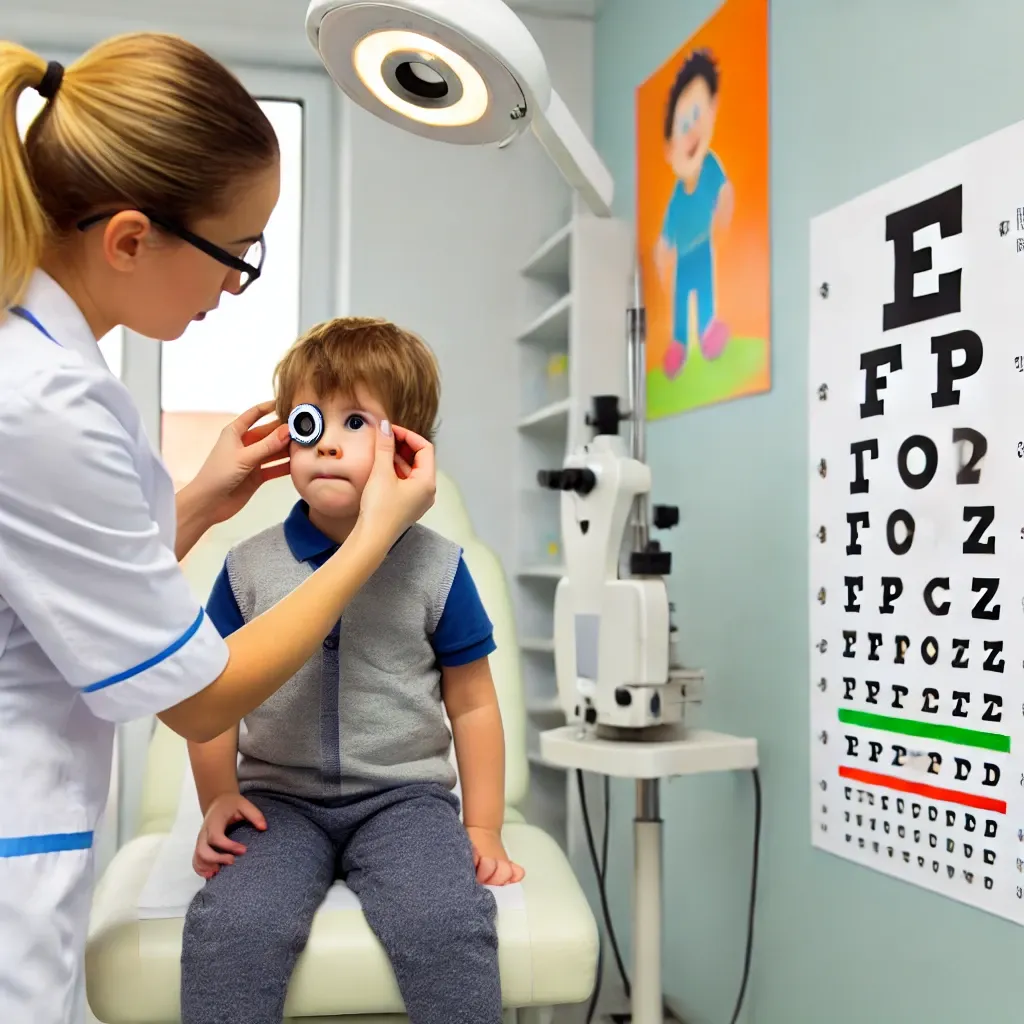 a young child undergoing an eye examination in an optometrist's office. the child is sitting on a chair, looking at an eye chart on the wall