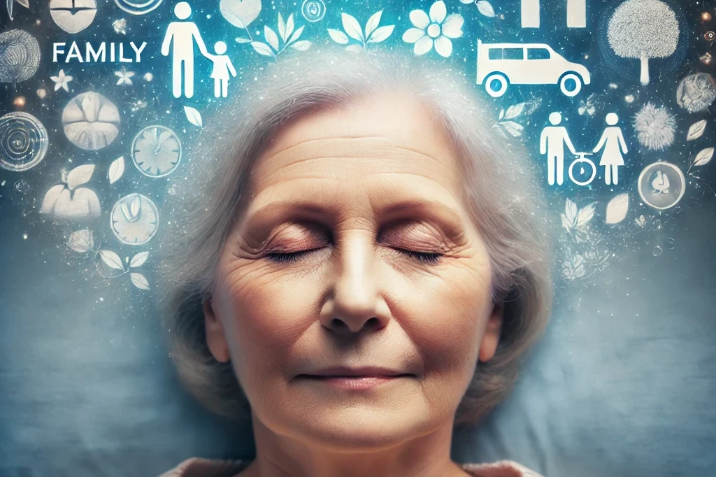 an elderly person with closed eyes sleeping peacefully. the perspective is a frontal view, showing a serene expression. around their head