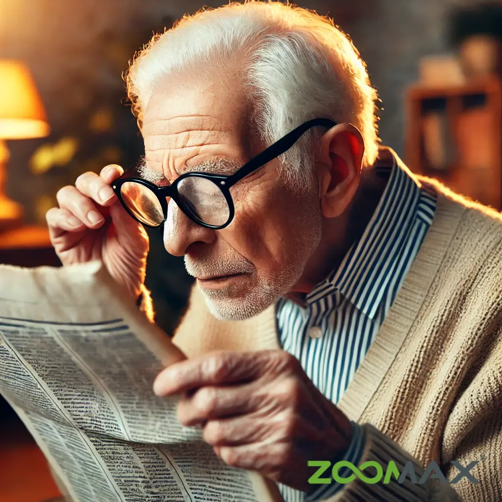 an elderly person with low vision, having only one tenth of normal vision, wearing glasses, with head down, is intently reading a newspaper extremely