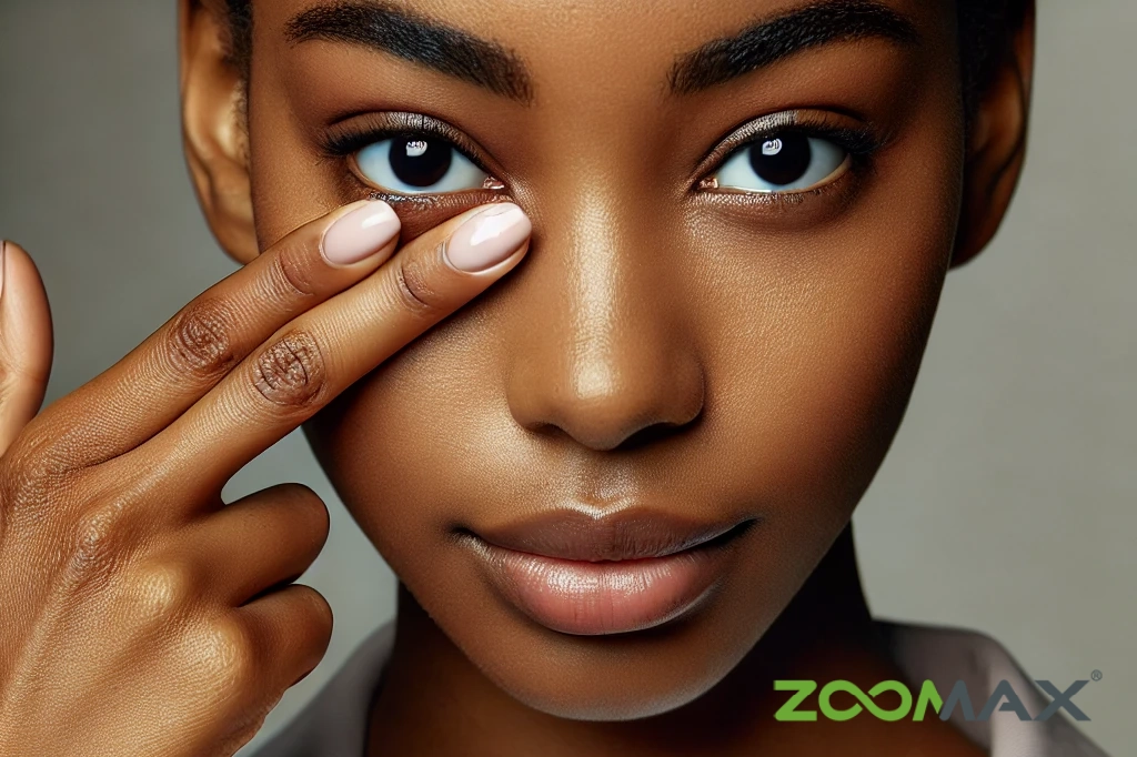 an image of a neat and well groomed black woman performing eye exercises with her eyes open. her fingers are gently placed beside her nose