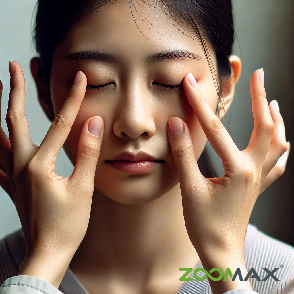 image of an asian person performing eye exercises, focusing on eye care. the person is gently massaging the areas around their eyes with thei