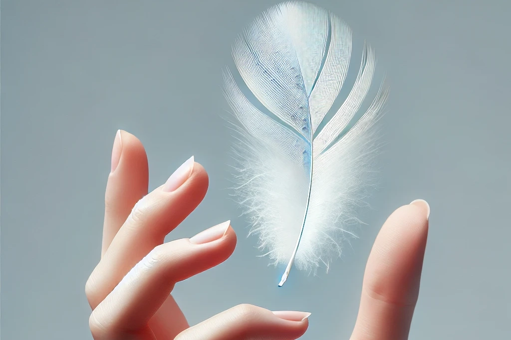 lighter and thiner a close up of a hand delicately holding an invisible white feather, symbolizing lightness and delicacy. the hand is gently cupping the feather