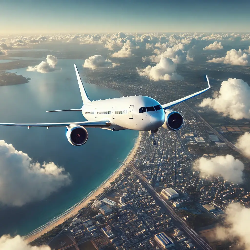 there is an airplane in the sky, not too high above the ground, showing a clear view of a city and coastline below.